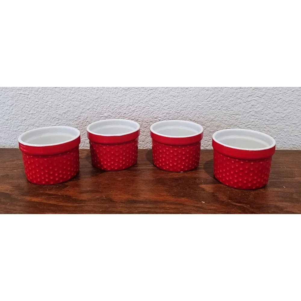 HomeEssentials Minis Set of 4 Red Ramekins Textured Ceramic Mini Baking Molds